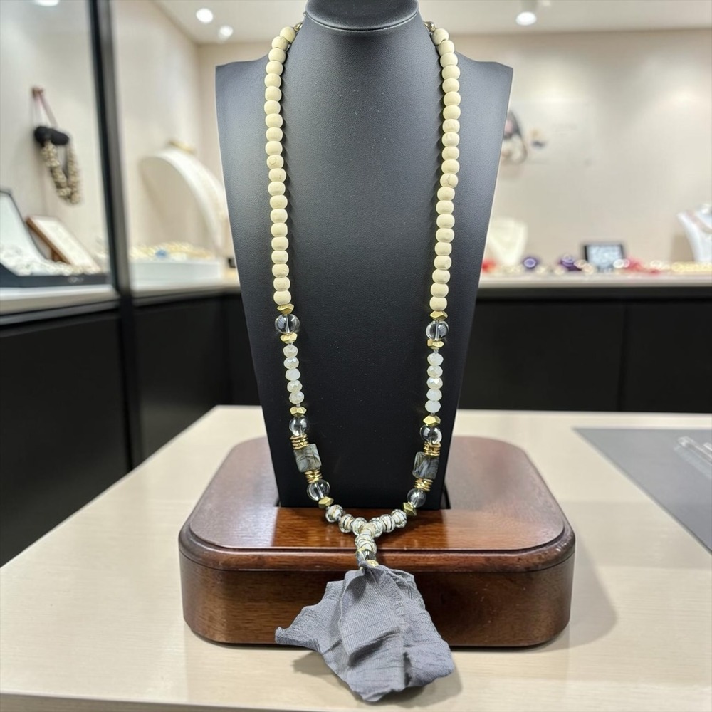 Boho Mixed Bead Long Tassel Necklace Cream Grey Gold Tone‎ Statement Jewelry